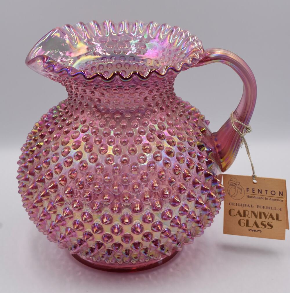 Vintage Fenton Hobnail Pink Opalescent Carnival Glass Art Crimped Top Pitcher